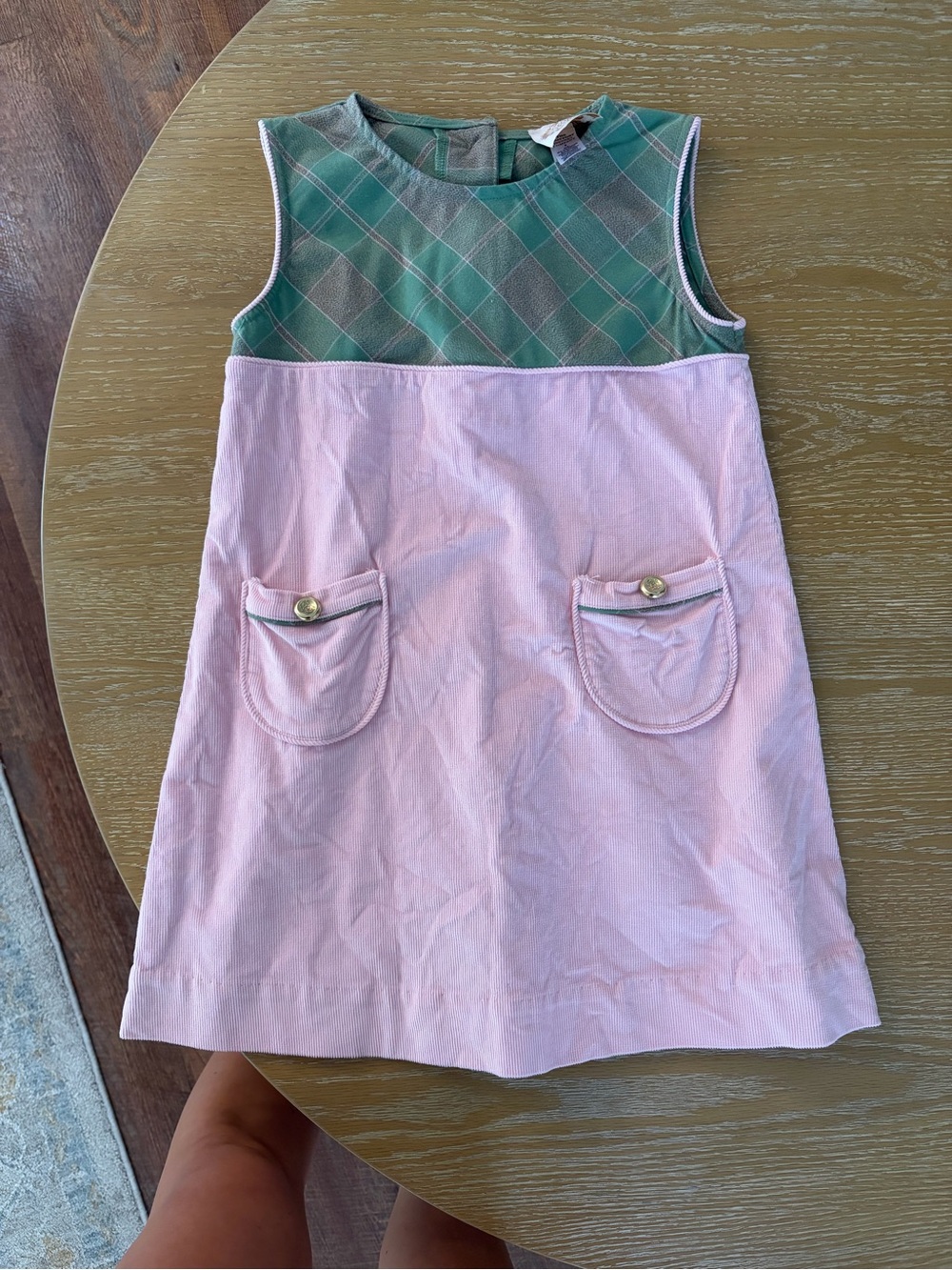 The Beaufort Bonnet Company Pink Corduroy Dress with Green Plaid Yoke